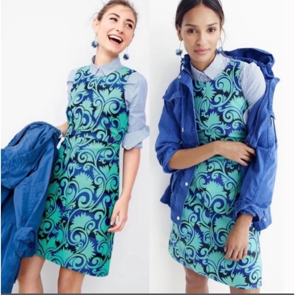 NWT J.Crew Black Label Blue Green Jacquard Sleeveless A Line Dress Size 6